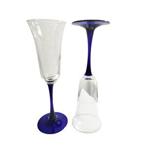 Two Vintage Champagne Flutes Cristal DArques Durand Americana Cobalt Blue Stems
